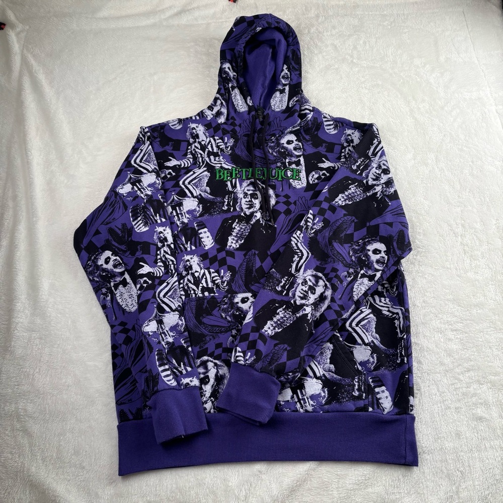 Beetlejuice All Over embroidered Print Fleece Hoodie Mens Size M Purple Black